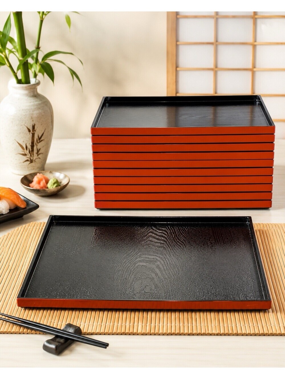 Japanese 1970s Set Of 11 Serving Trays Square Black Orange Lacquer, 10.25”